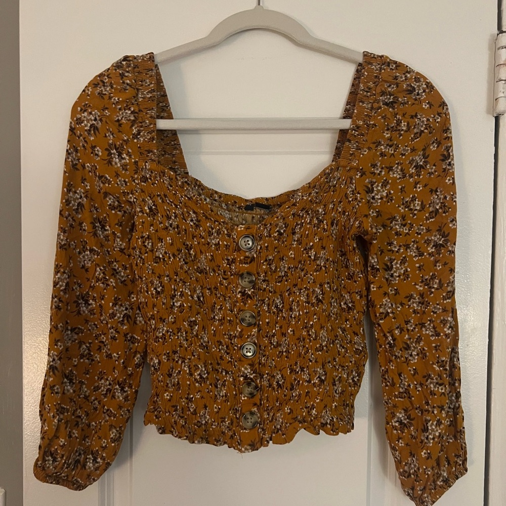 American Eagle Top Womens M Smocked Crop Floral Mustard Long Sleeve